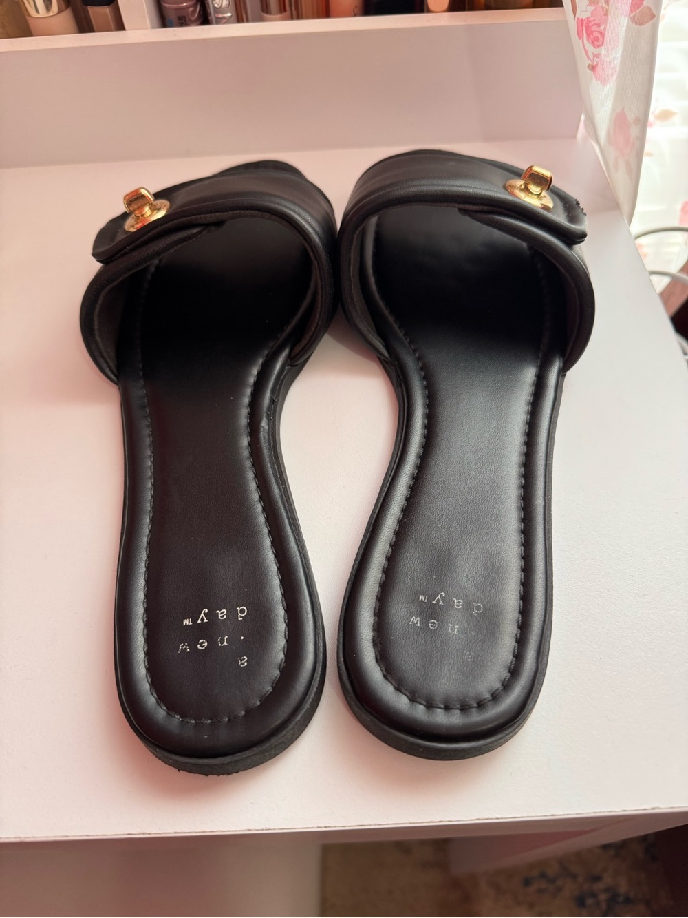 a new day Black Slide Sandals with Gold Accent Hardware - Picture 6 of 7